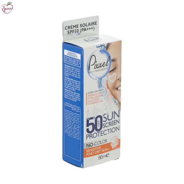 کرم ضد آفتاب Spf50 بدون رنگ پیکسل مناسب پوست های خشک تا نرمال و حساس 50ml